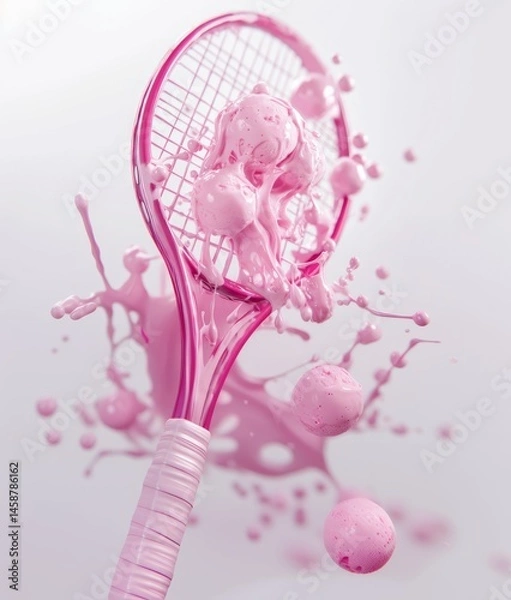 Fototapeta Tennis racket with melting pink ice cream balls on light background