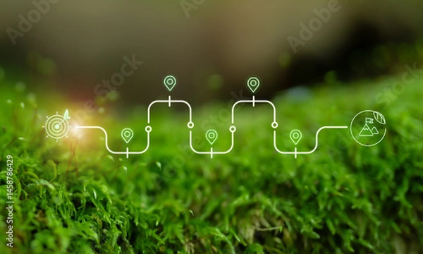 Obraz Sustainable Project Roadmap Concept. A roadmap overlay with waypoint icons on a vibrant green moss background, symbolizing a sustainable journey from goal setting to achievement in environmental.