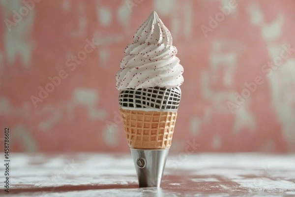 Fototapeta Ice cream cone holding a microphone on plain background.