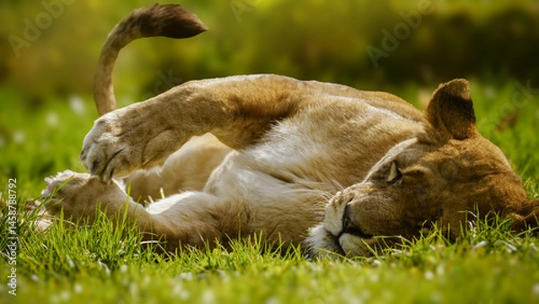 Fototapeta A sleepy lioness, laying down and relaxing on the grassy ground in the sunshine. Her eyes are closed and her paws and tail are raised. Full property release for commercial use.