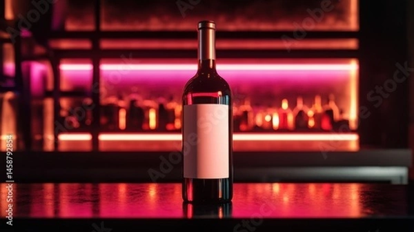 Fototapeta Wine bottle on bar vibrant neon lights blank label perfect for branding stylish moody nightlife red