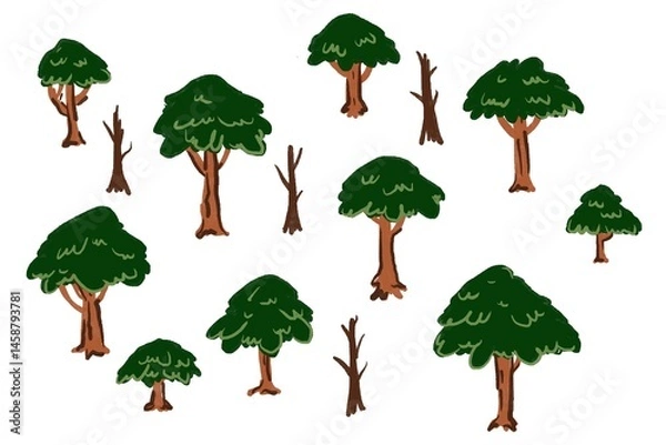 Fototapeta Collection of green trees art work isolated on white background. designs