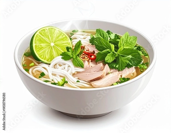 Fototapeta Flavorful chicken noodle soup in a white bowl, topped with fresh herbs and lime