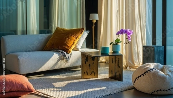 Fototapeta Generative AI, Bohemian Living Room with Mustard Velvet Accent
