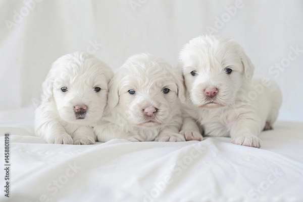 Fototapeta Three Adorable White Labrador Puppies on a Clean White Background – Cute Pet Portrait