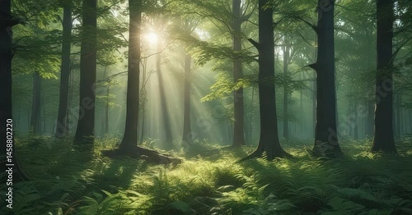 Fototapeta Emerald leaves filter sunlight, creating ethereal glow in dense woods ,  trees,  magical,  photography