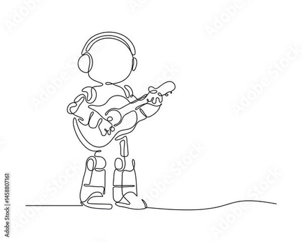 Fototapeta Minimalist one line drawing of a robot playing guitar while wearing headphones. Futuristic music technology concept. Simple, modern, creative art.