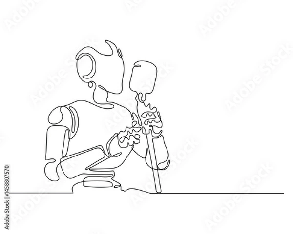 Fototapeta Minimalist one line drawing of a robot passionately singing into a microphone. Futuristic music and technology art concept. Simple, modern, creative illustration.