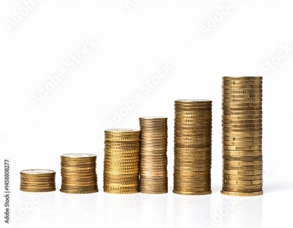 Fototapeta Stacks of coins form an upward trend against a clean, bright white background