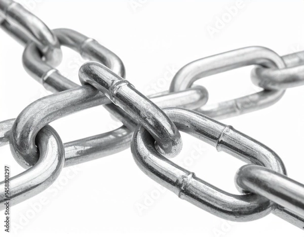 Fototapeta Silver chain links interlocked together against a white background, creating a strong connection