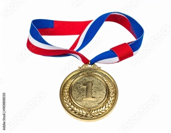 Fototapeta Golden medal with "1" on it, hanged by red, white, and blue ribbon