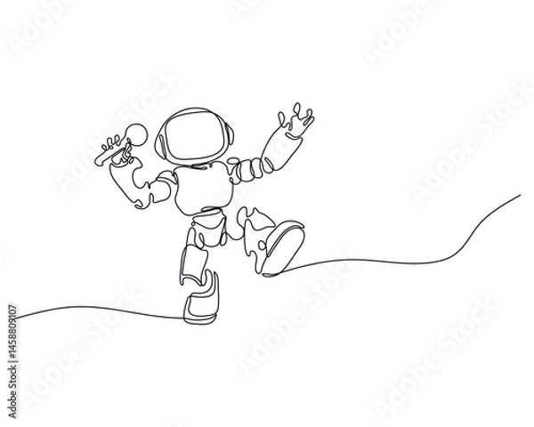 Obraz Continuous line art of a robot singing with a microphone, energetically performing. Futuristic technology meets lively entertainment in this minimalistic digital sketch.
