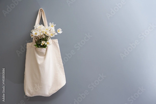 Fototapeta Wildflowers in a reusable fabric vintage bag on a gray background. Eco-friendly and natural. Plastic-free and waste-free.