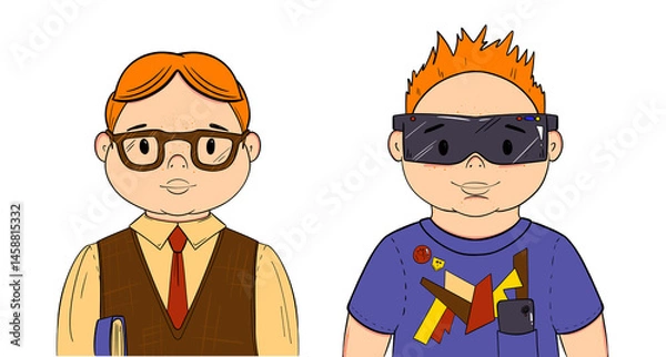 Fototapeta A Boy in different Clothes and Style - Retro and Modern. New Style in Life and Study. Cartoon Set with Transparent Background