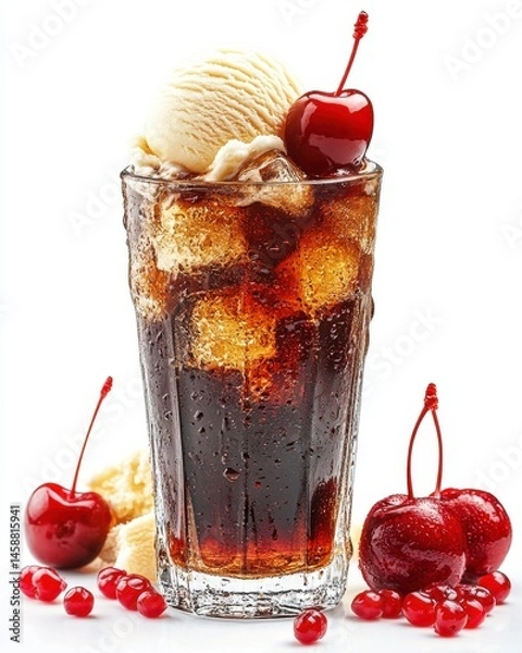 Obraz Refreshing Brown Soda with Vanilla Ice Cream and Cherries