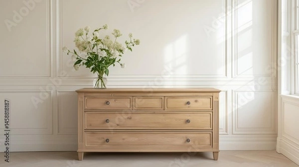 Fototapeta Wooden dresser in a room with white walls and a large window on the right side. the dresser is made of light-colored wood and has six drawers with metal handles.