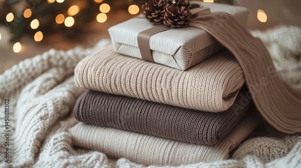 Fototapeta Cozy New Year\'s card design showcases elegant gifts wrapped in luxurious cashmere, set against a warm, inviting backdrop