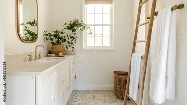Fototapeta Modern bathroom with a white countertop and white cabinets. on the left side of the image, there is a white sink with a gold faucet and a mirror above it.