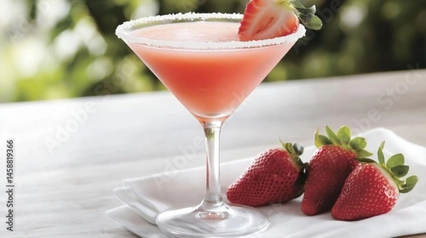 Fototapeta Strawberry margarita in a martini glass on a white wooden table. the glass is filled with a pinkish-red liquid and has a slice of strawberry on the rim.