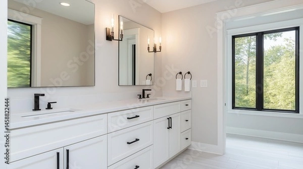 Fototapeta Modern bathroom with a large window on the right side. the window has a view of trees and greenery outside. the walls are painted in a light beige color and the floor is made of white tiles.