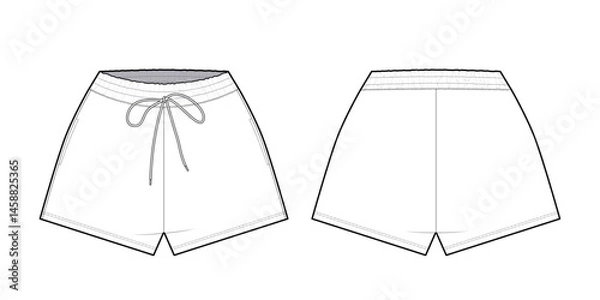 Fototapeta Women's Garterized Shorts With Drawstrings- Technical Illustration - Front and Back View- Flat Vector Illustration- Shorts Cad Illustration 