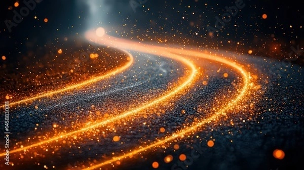 Fototapeta Winding path illuminated with golden light, sparks flying