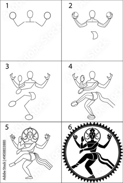 Fototapeta step-by-step illustration of how to draw Nataraja. The iconographic image of Shiva in Hinduism. A symbolic image, the king of dance. Vector image, simple image for beginners, tutorial.
