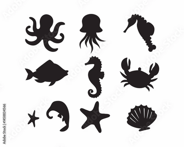 Fototapeta Underwater Silhouette: A collection of diverse aquatic silhouettes, showcasing marine life forms, rendered in stark contrast.