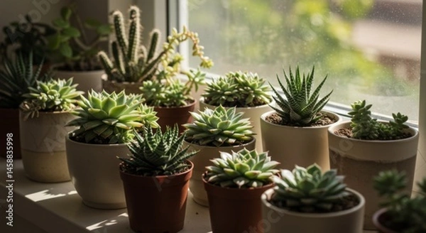 Fototapeta Collection of Succulents in Pots on Windowsill