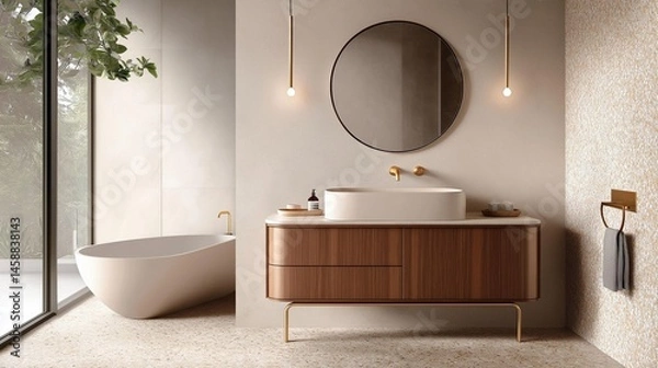 Fototapeta Modern bathroom with a minimalist design. the walls are painted in a light beige color and the floor is covered with a beige-colored carpet.