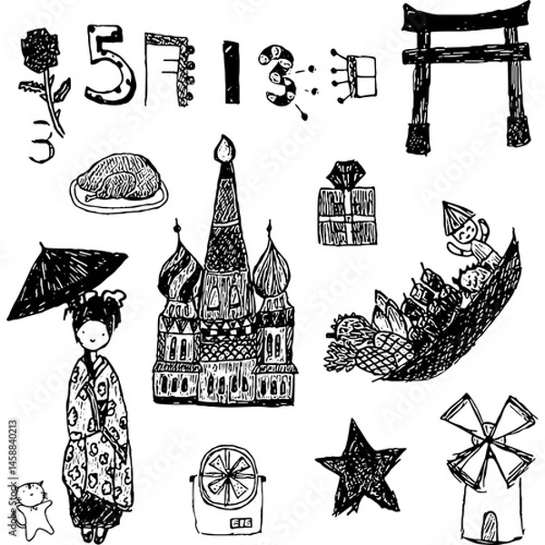 Fototapeta Hand-drawn doodles representing diverse cultures, including Japanese geisha, Russian architecture, traditional food, and symbolic objects, reflecting global heritage and travel.
