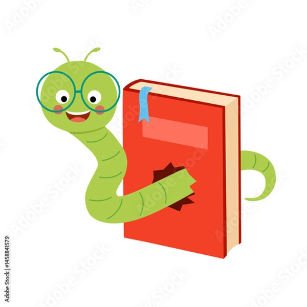 Fototapeta Cute bookworm in book cartoon character in flat design on white background.