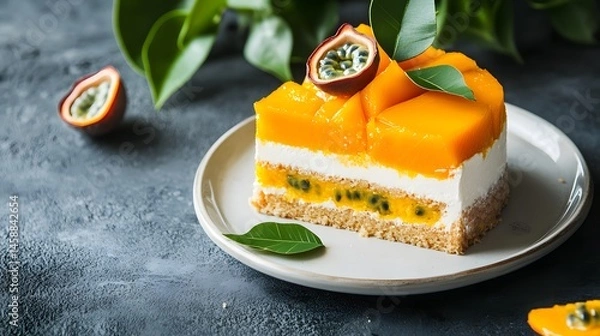 Fototapeta Mango and Passion Fruit Dessert on Elegant Plate