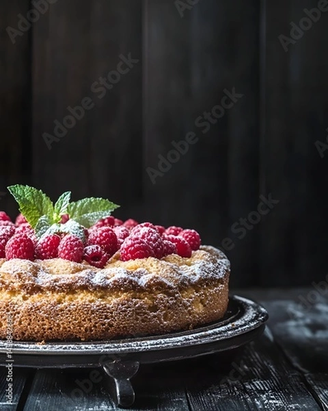 Fototapeta Raspberry Cake with Fresh Berries and Mint as Decorations against black wall.