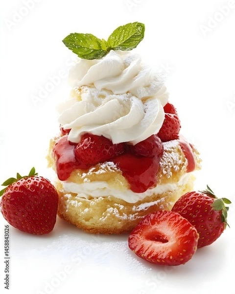 Fototapeta Isolated  Strawberry Shortcake with Whipped Cream and Mint Leaf