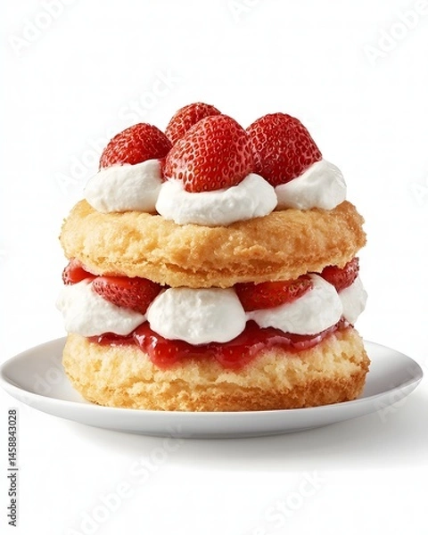 Fototapeta Isolated Delicious strawberry shortcake with whipped cream and fresh strawberries Served on a White Plate. 