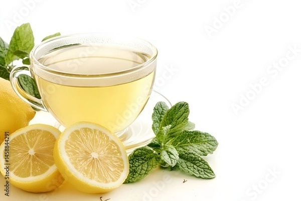 Fototapeta Fresh Citrus Lemon Tea with Mint Leaves in Clear Cup on White Background