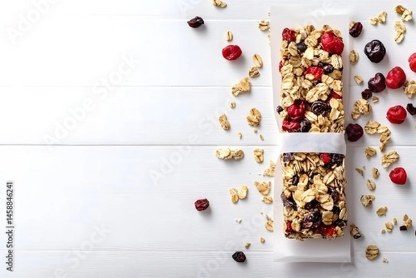 Fototapeta Granola Bar with Nuts and Dried Fruits on White Wooden Tabletop