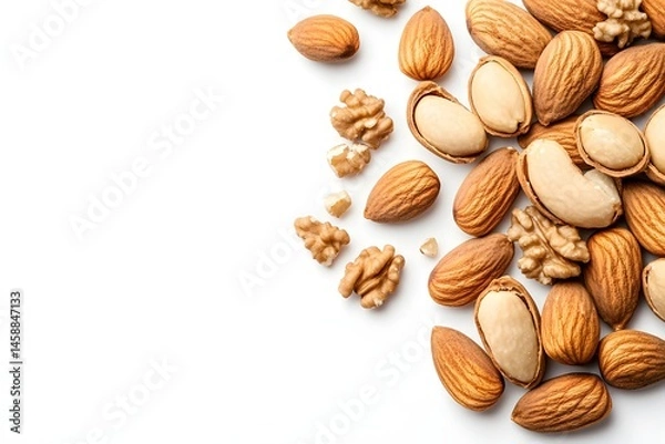 Fototapeta Variety of Nuts Including Almonds and Walnuts on White Background