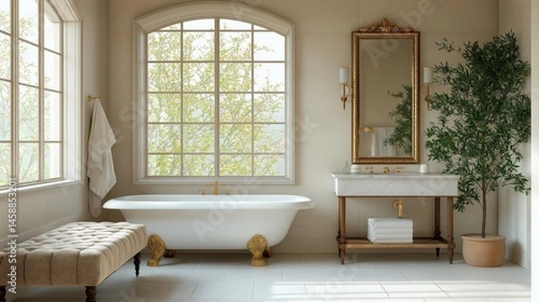 Fototapeta Luxurious bathroom with a large window on the left side of the image. the window has an arched design with white curtains and is covered with greenery.