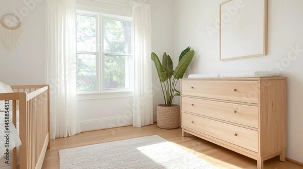 Fototapeta Modern nursery room with a wooden floor and white walls. on the left side of the image, there is a wooden crib with a white bedding and a white blanket.