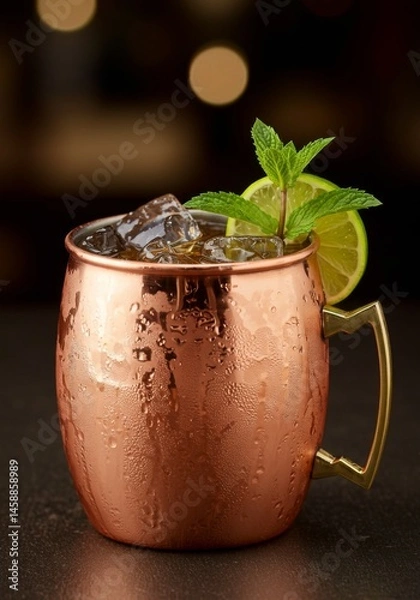 Fototapeta Copper Mug Moscow Mule Cocktail with Ice Mint and Lime