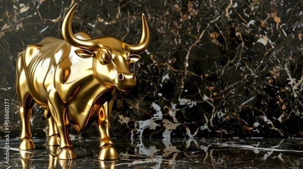 Fototapeta Golden bull statue charging forward with dynamic movement, symbolizing stock market growth, financial success and economic prosperity, isolated with copy space.