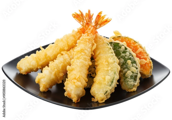 Fototapeta Goldenfried tempura atop a sleek black plate against a stark background