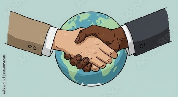 Fototapeta Diverse Hands Shaking Over Globe Symbolizing Unity
