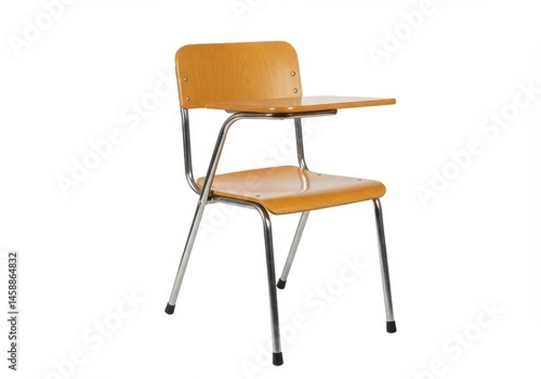 Obraz Vintage school desk chair with attached writing surface on a white background in a studio