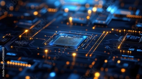 Fototapeta A close-up of a high-tech circuit board with glowing digital components and electronic pathways, illustrating the growth of digital infrastructure