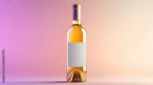 Fototapeta Elegant white wine bottle blank label soft pink and beige gradient background Perfect for branding