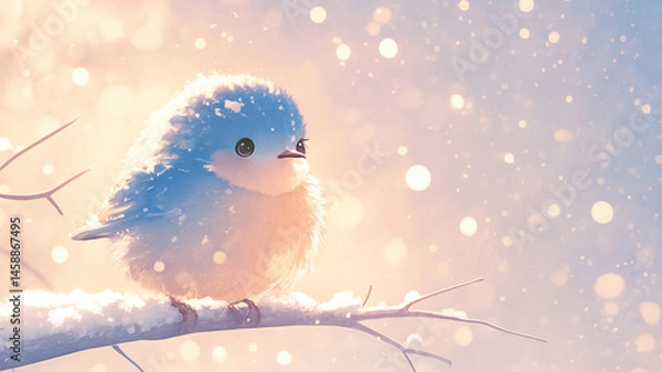 Fototapeta ほわほわの毛並みが愛らしい冬の小鳥のイラスト　雪の舞う空と枝にとまるふんわり鳥キャラクター　寒さの中にぬくもりを感じる癒し系動物イラスト素材