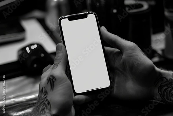 Fototapeta Smartphone held in tattooed hands, blank screen.  Focus on the device, displaying a blank screen, in the hands of a person with visible tattoos